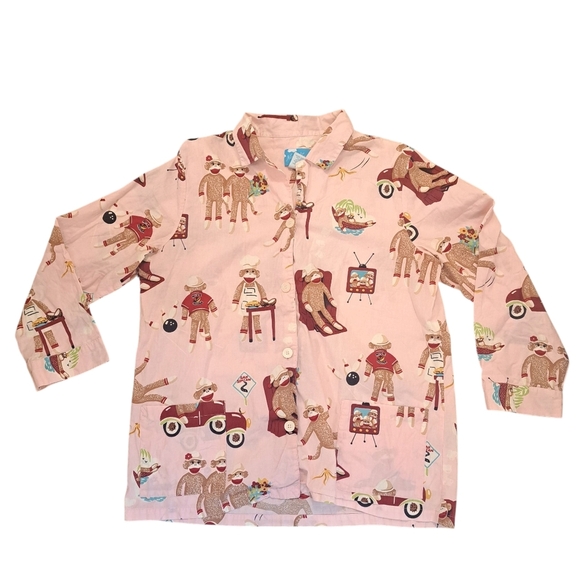 Nick & Nora Other - Nick & Nora Pink Sock Monkey Print Button Up Long Sleeve Pajama Shirt Size XL